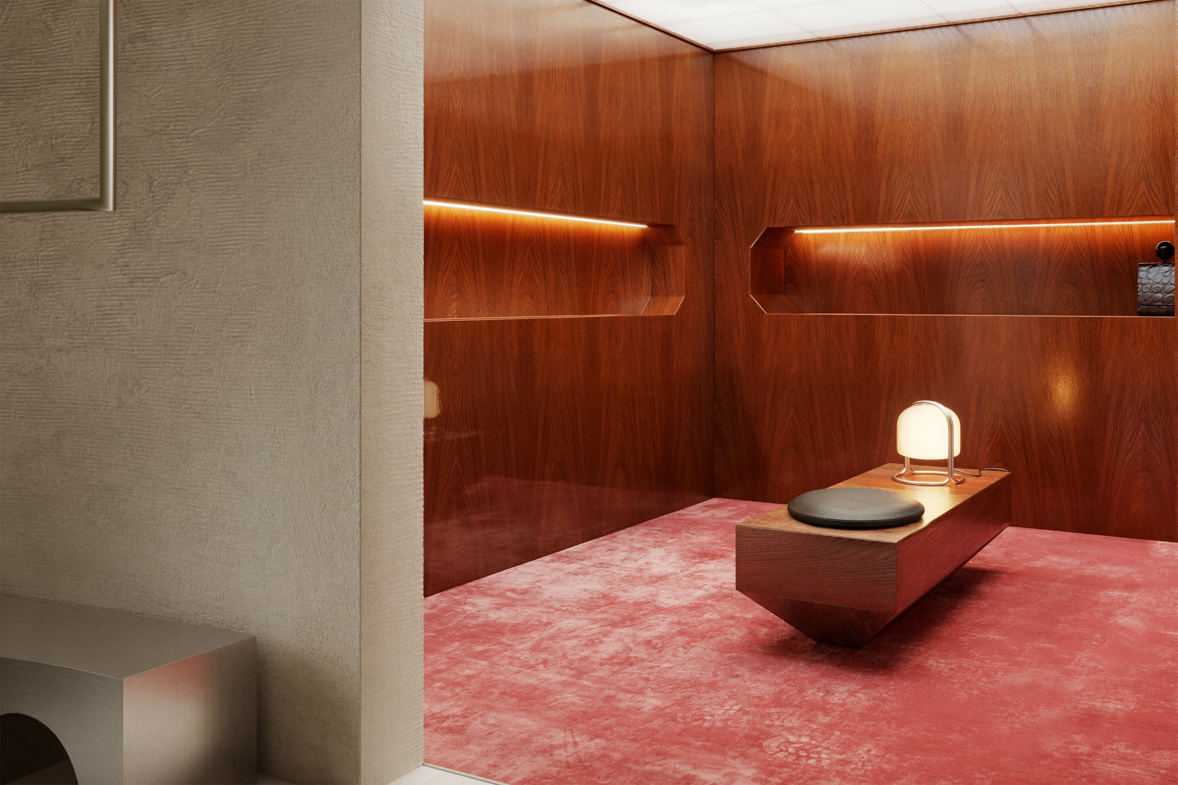 Modern interior design with wooden walls, a pink rug, and a small table with a lamp.